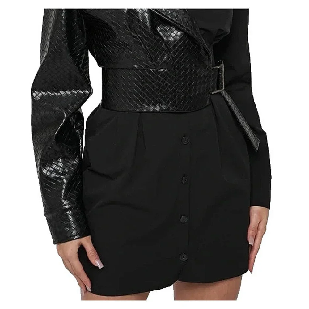 Maniere De Voir Black Woven Vegan Leather Overlay Shirt Dress Size 2 NWT - Picture 9 of 9